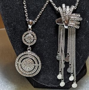 2 Sets Silvertone & Rhinestone Fashion Jewelry 17" Necklace & Dangling Earrings